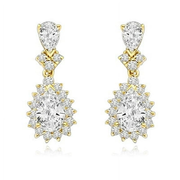 Prong Set Drop Earrings with Simulated Pear Cut and Round Brilliant Diamonds by Diamond Essence set in Vermeil