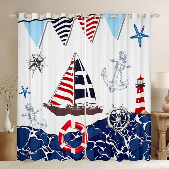 Erosebridal Anchor Boat Curtains Pack of 2 (42Wx63L),Nautical Compass Black Out Curtains,Ocean Sea Curtains for Living Room,Marine Room Decoration