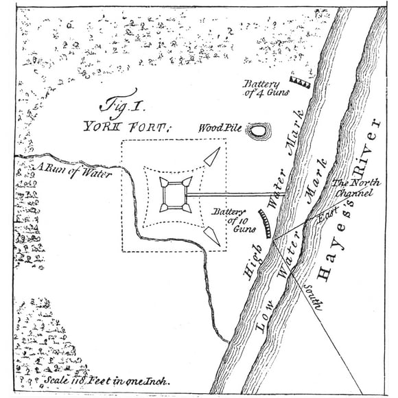 Hudson Bay Fort, 1752. /Nthe Plan Of Fort York, Red River Valley, In Actuel Manitoba. Ligne Gravure, Anglais, 1752. Affiche Imprimée par (24 x 36)