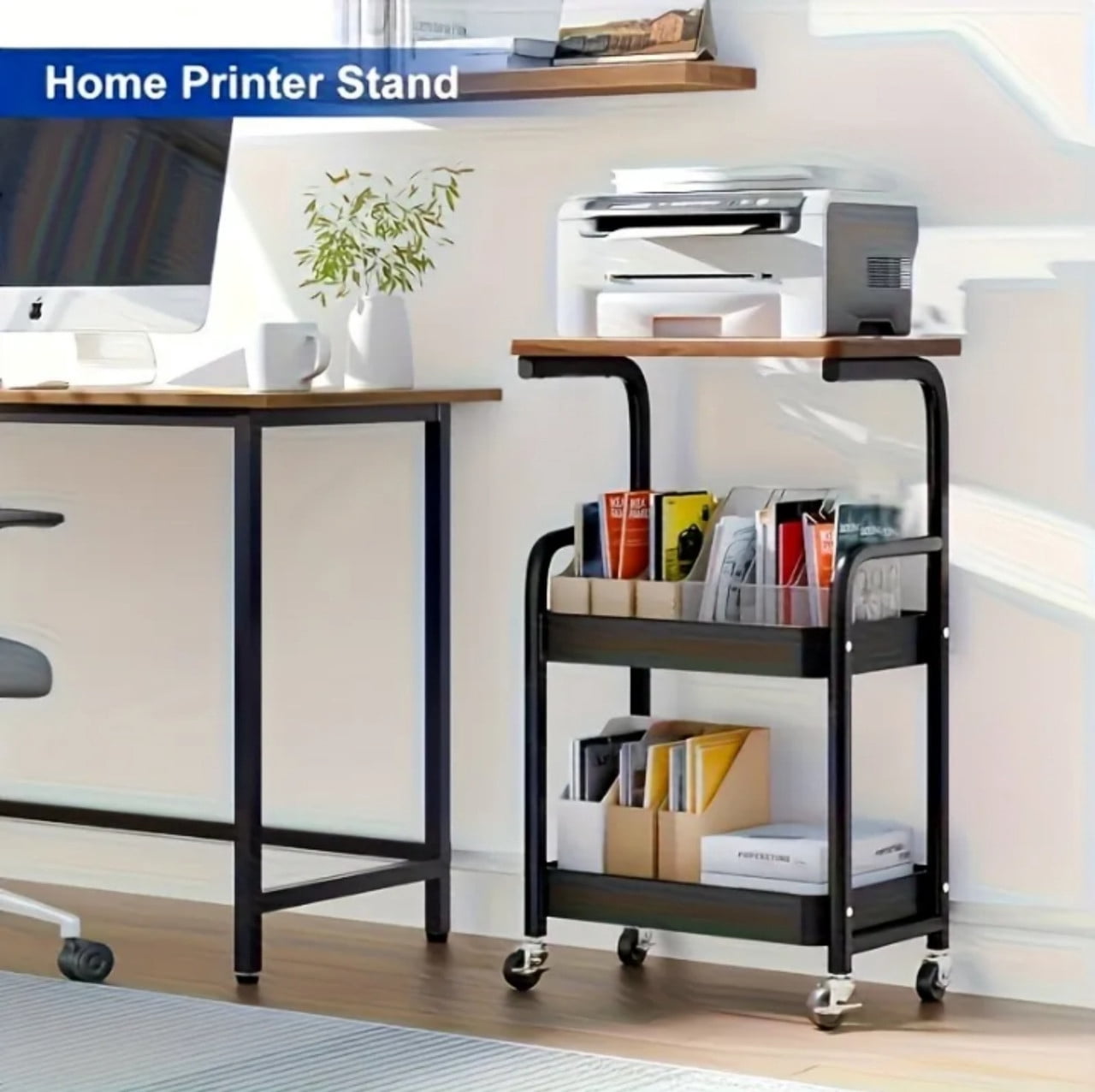 3-Tier Rolling Kitchen Serving Cart on Wheels, Metal Utility Cart with Walnut-Textured Top and Storage Backet, Kitchen Storage Rack Printer Stand