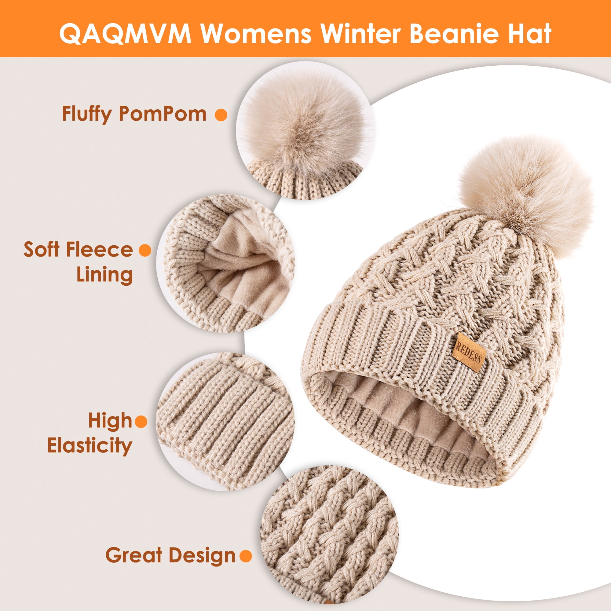 REDESS Winter Women's Beanie Hat Scarf Gloves Set, Fleece Lined Winter Hat with Pom Pom,Black