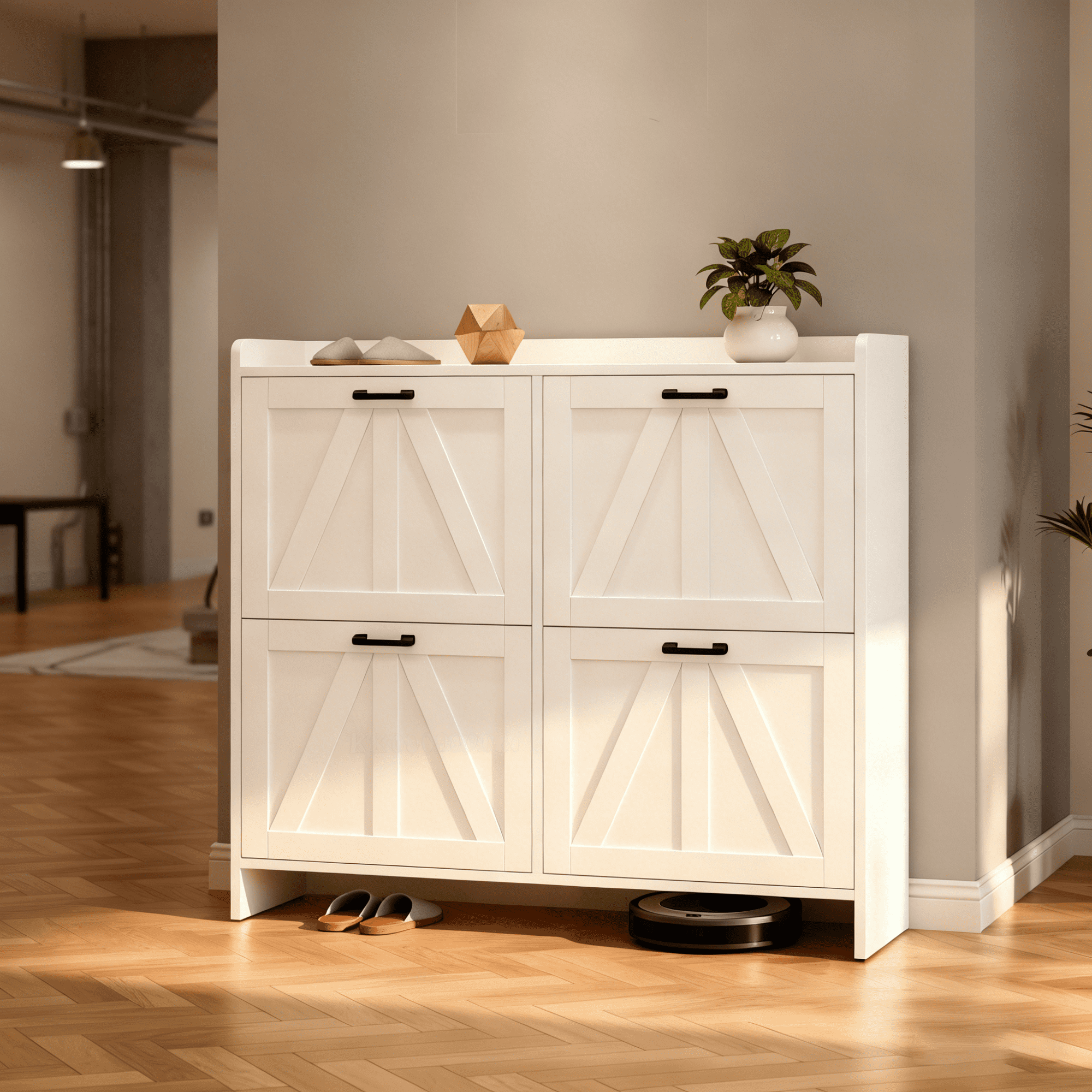 Leumius Modern Fence Shoe Cabinet with 4 Flip Drawers, Sleek Space-Saving Entryway Organizer for Living Room White