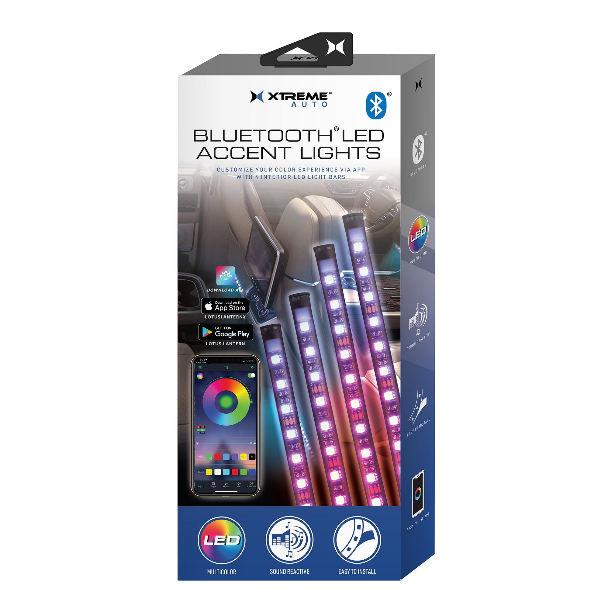 Xtreme LED Car Accent Light, 4 Light Strips, Reactive, Mobile App Control Walmart.com