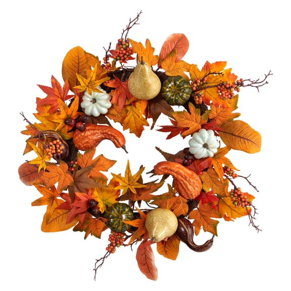 Nearly Natural Plastic Artificial Fall Wreath, Pumpkin Gourd, 24" (Orange)