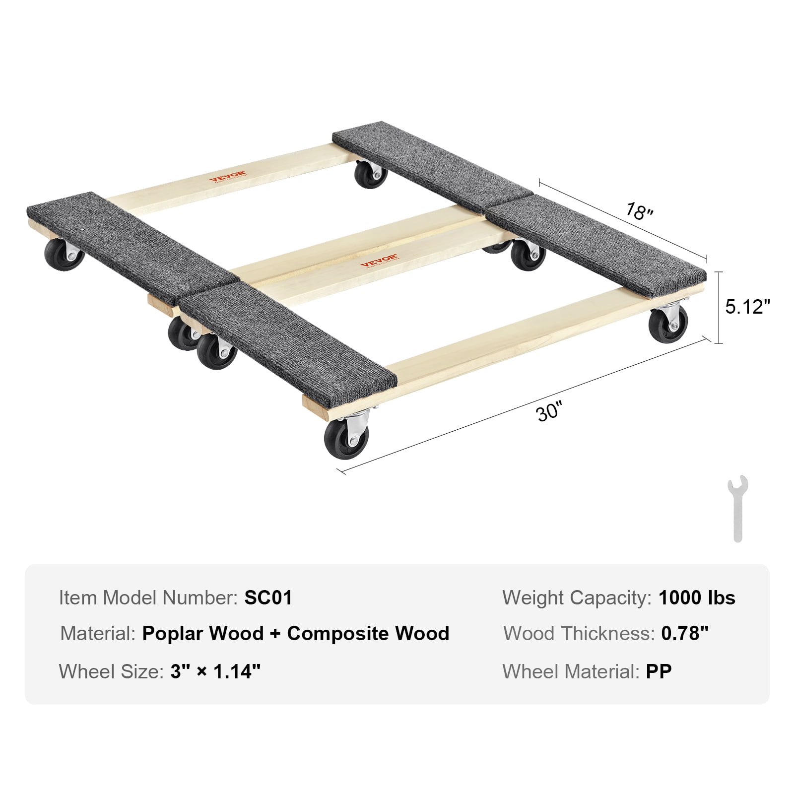 VEVOR Furniture Dolly, 1000 lbs Each Load Capacity,2 Packs, 18" x 30", 8 x 3" PP Swivel Casters,Heavy Duty Hardwood Furniture Moving Dolly,Mover's Dolly, Moving Cart with Wheels for Heavy Furniture