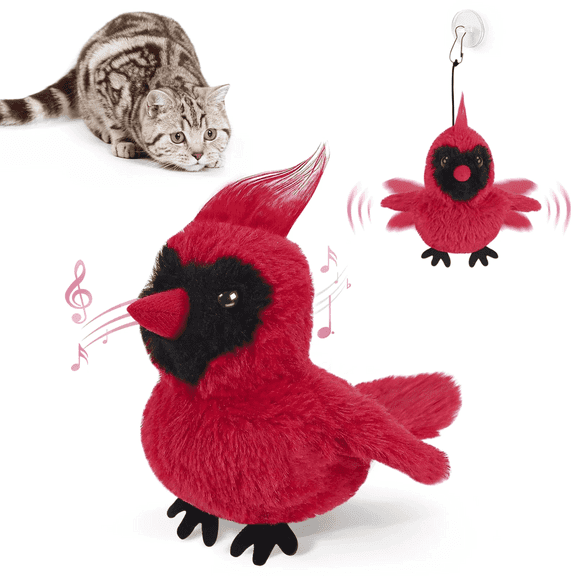Northern Cardinal Plush Animal Cat Toy,Interactive Chirping Bird Cat Flapping ,Chirping flying Bird for Kittens Cat Toy,Red 5 inches Tall