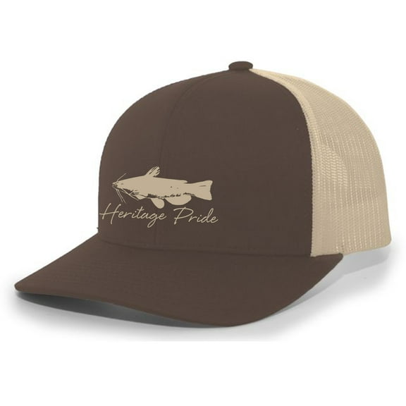 Heritage Pride Freshwater Fish Catfish Lake Fishing Sihouette Script Mens Embroidered Mesh Back Trucker Hat Baseball Cap, Catfish, Brown/Khaki