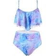 thumbnail image 2 of Women High Waisted Bikini Ruffle Swimsuit Flounce Pom Pom Trim Two Piece Bathing Suit Purple&blue (L, 2 of 8