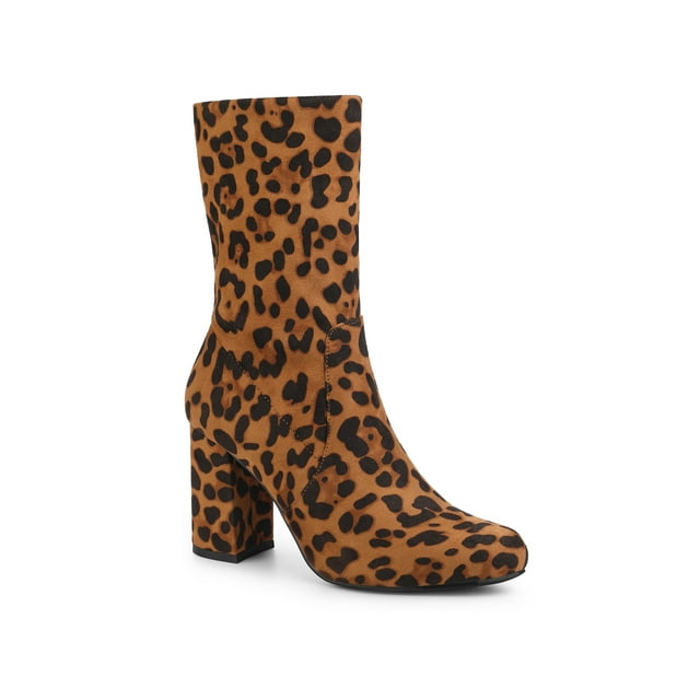 Unique Bargains Women's Rounded Toe Block Heel Foldable Ankle Boots Leopard US 8.5