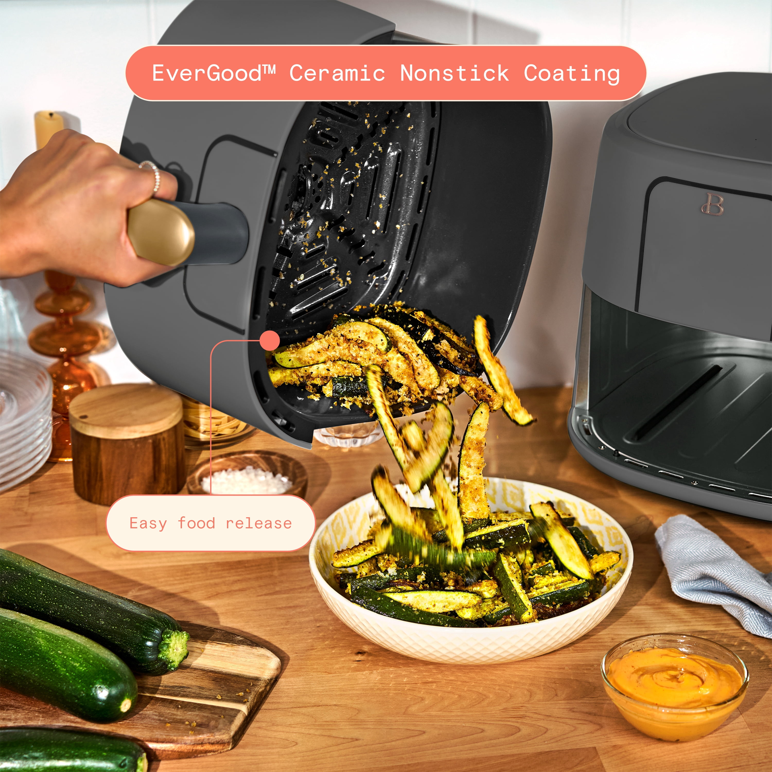 Beautiful 6 Qt Air Fryer with TurboCrisp Technology, EverGood Ceramic Nonstick Coating, Oyster Grey by Drew Barrymore