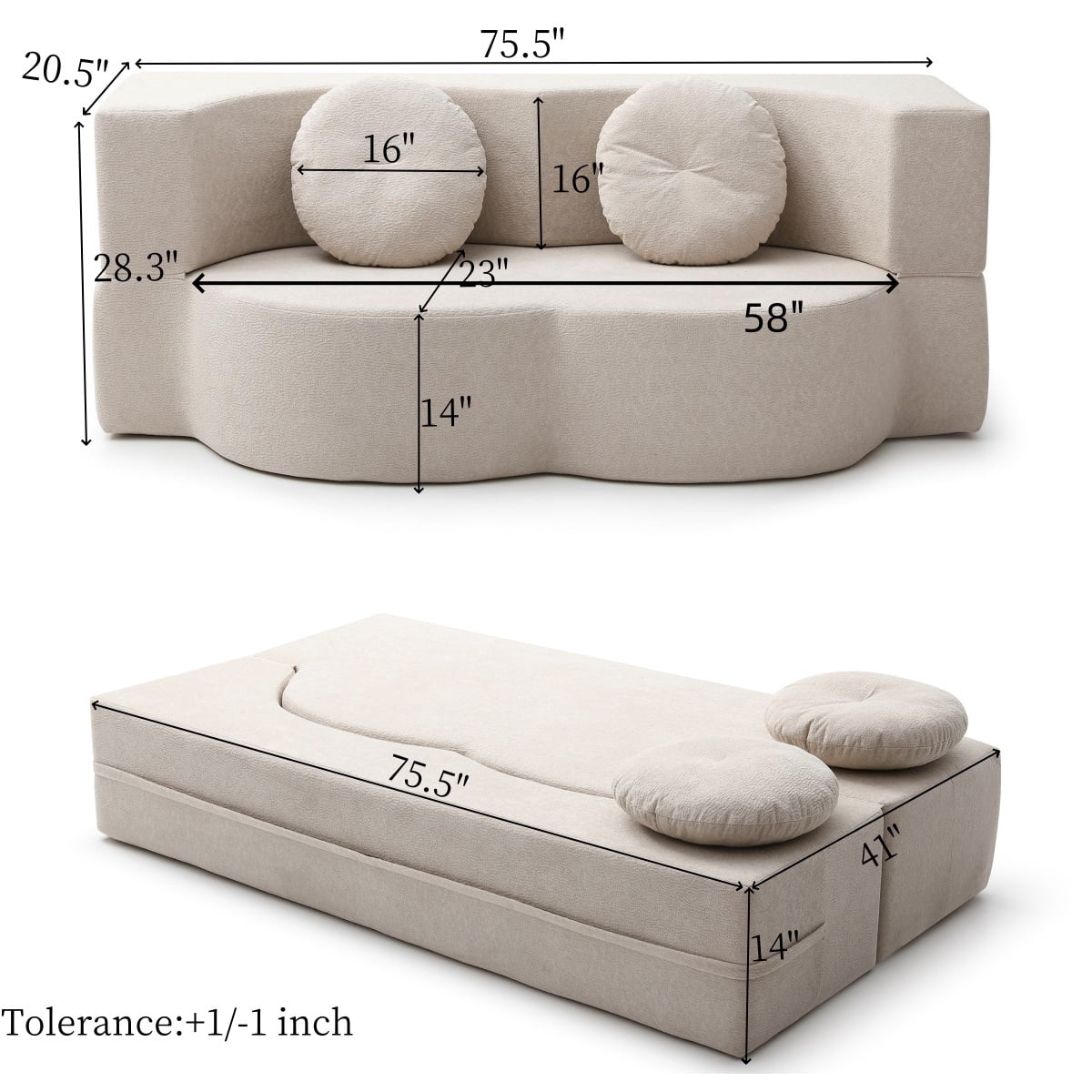 Leumius 2-in-1 Folding Sofa Bed with Pillow,Twin Sleeper Sofa,Floor & Futon Loveseat Couch,Foam Folding Mattress Sleeper for Living Room,Office,Apartment,khaki