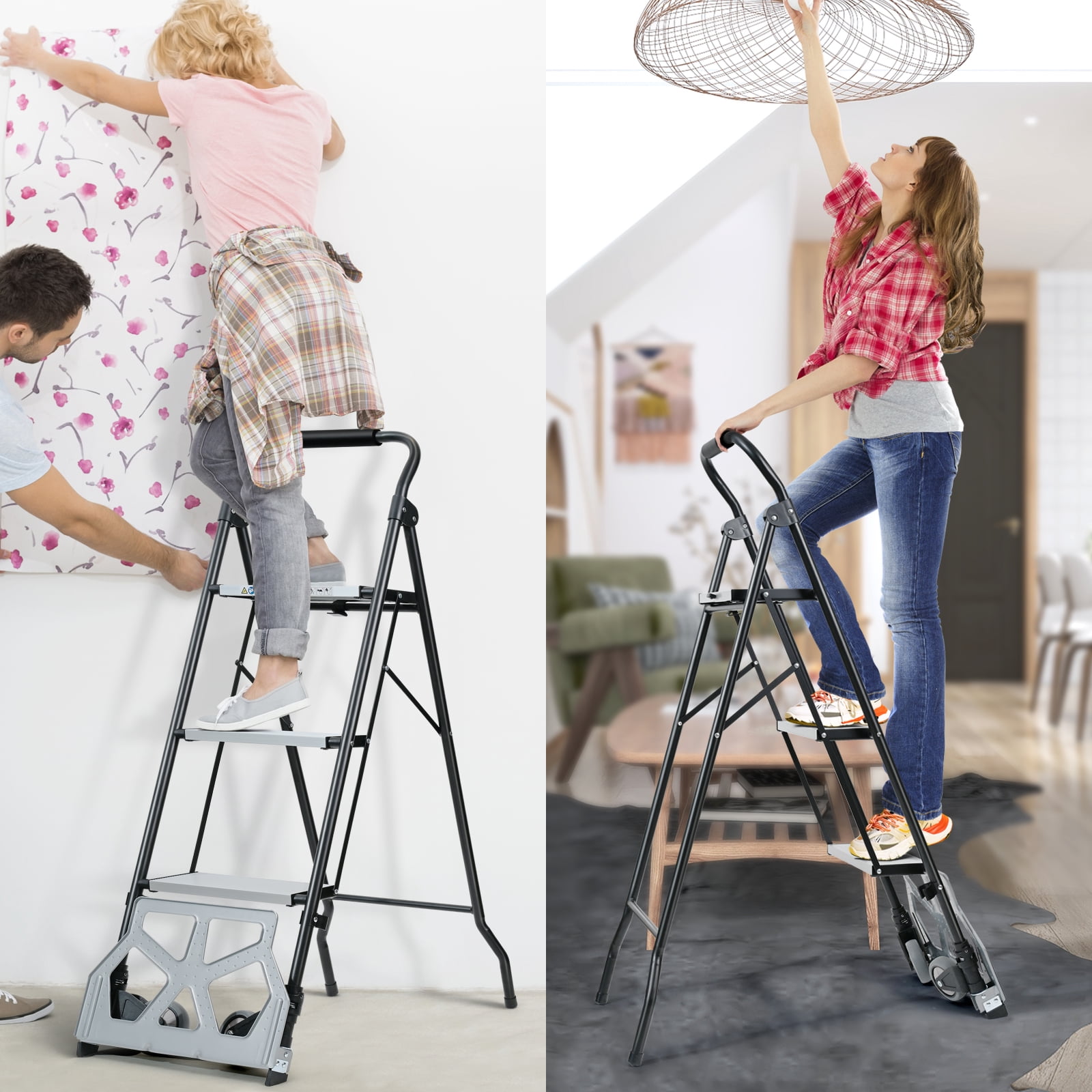 2 in 1 Step Ladder & Hand Truck,Aluminum 3 Step Stool,Folding Ladder with Anti-Slip Pedal,Heavy Duty Dolly Cart, Utility Platform Cart with Wheels
