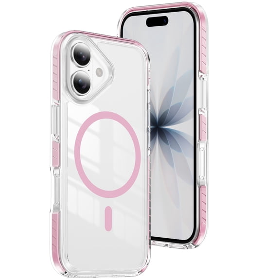 Magnetic Case For iPhone 16, Compatible with MagSafe, [Military Grade Drop Tested] Clear Back Shockproof Protective Slim Fit Anti-Yellowing Rugged Grip Edge Phone Cover,Pink