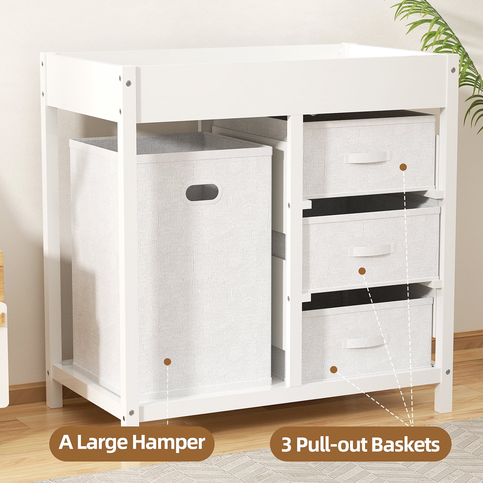 GLAF Baby Changing Table for Nursery - Diaper Changing Station with Laundry Hamper, 3 Storage Drawers, Changing Pad, and Safety Belt, White