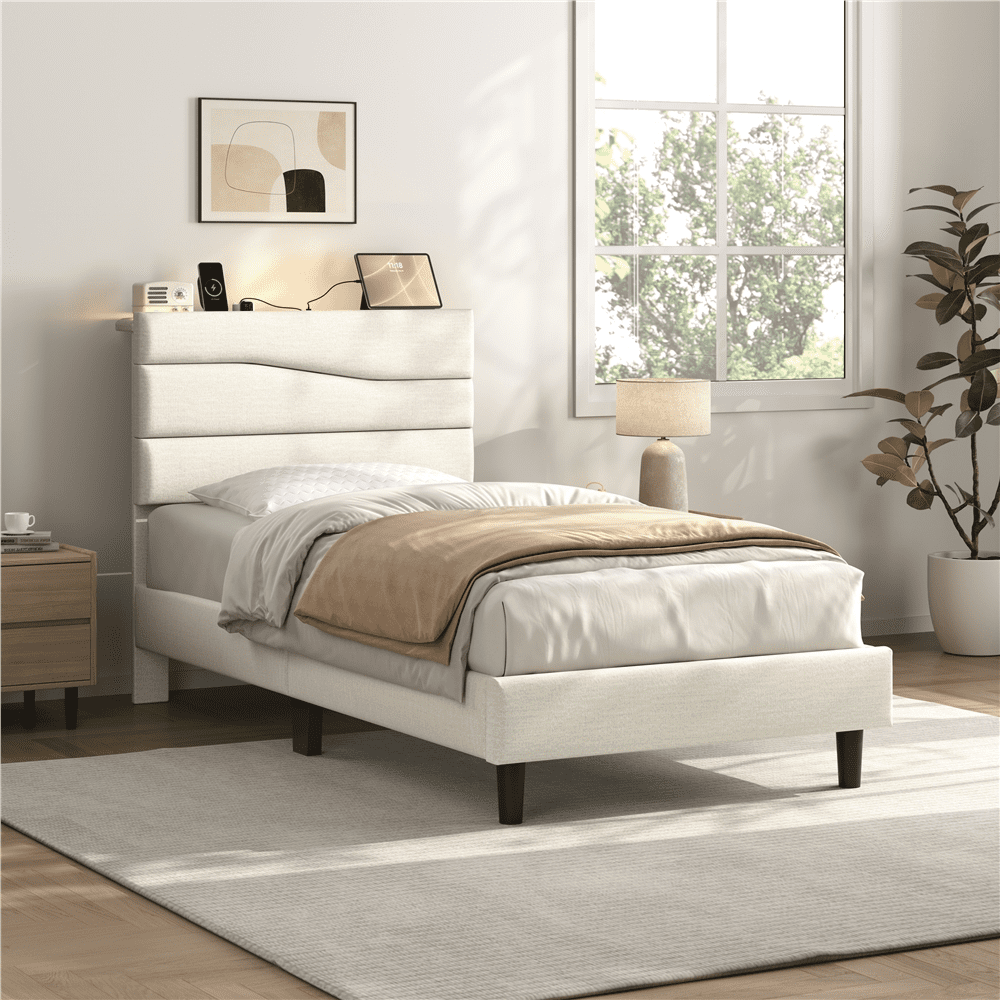 Renwick Twin Upholstered Bed Frame with Charging Station, Beige