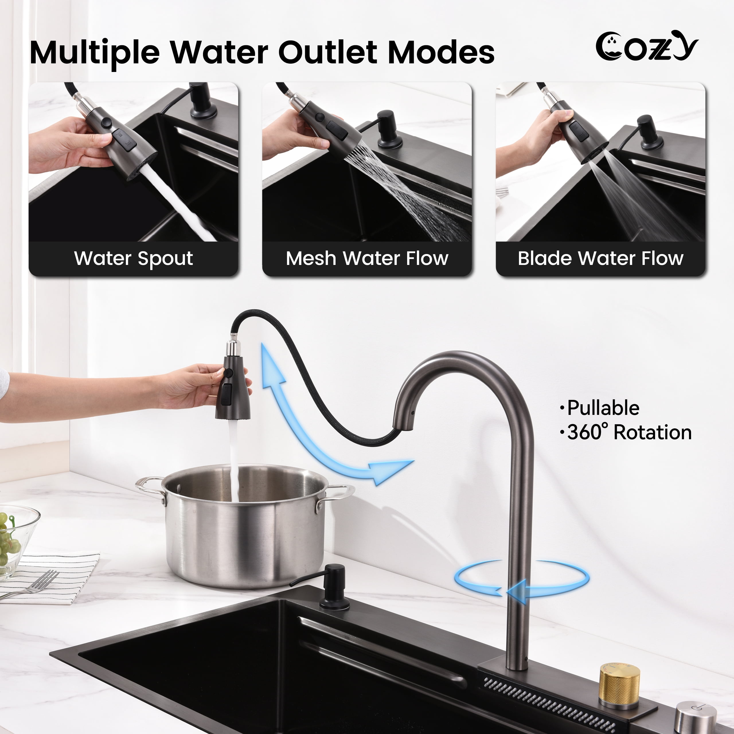 COZY 30″×22″ Stainless Steel Single Bowl Kitchen Sink, Black Waterfall Workstation with Flying-Rain Faucet, Cutting Board, 1 Count, SS-BL05-302208