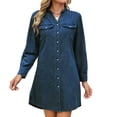 thumbnail image 2 of Sevevn Women's Stand Collar Button Down Denim Shirt Dress Long Sleeve Chest Patch Pocket Side Split Loose Casual Mini Jean Dress Dark Blue S, 2 of 9