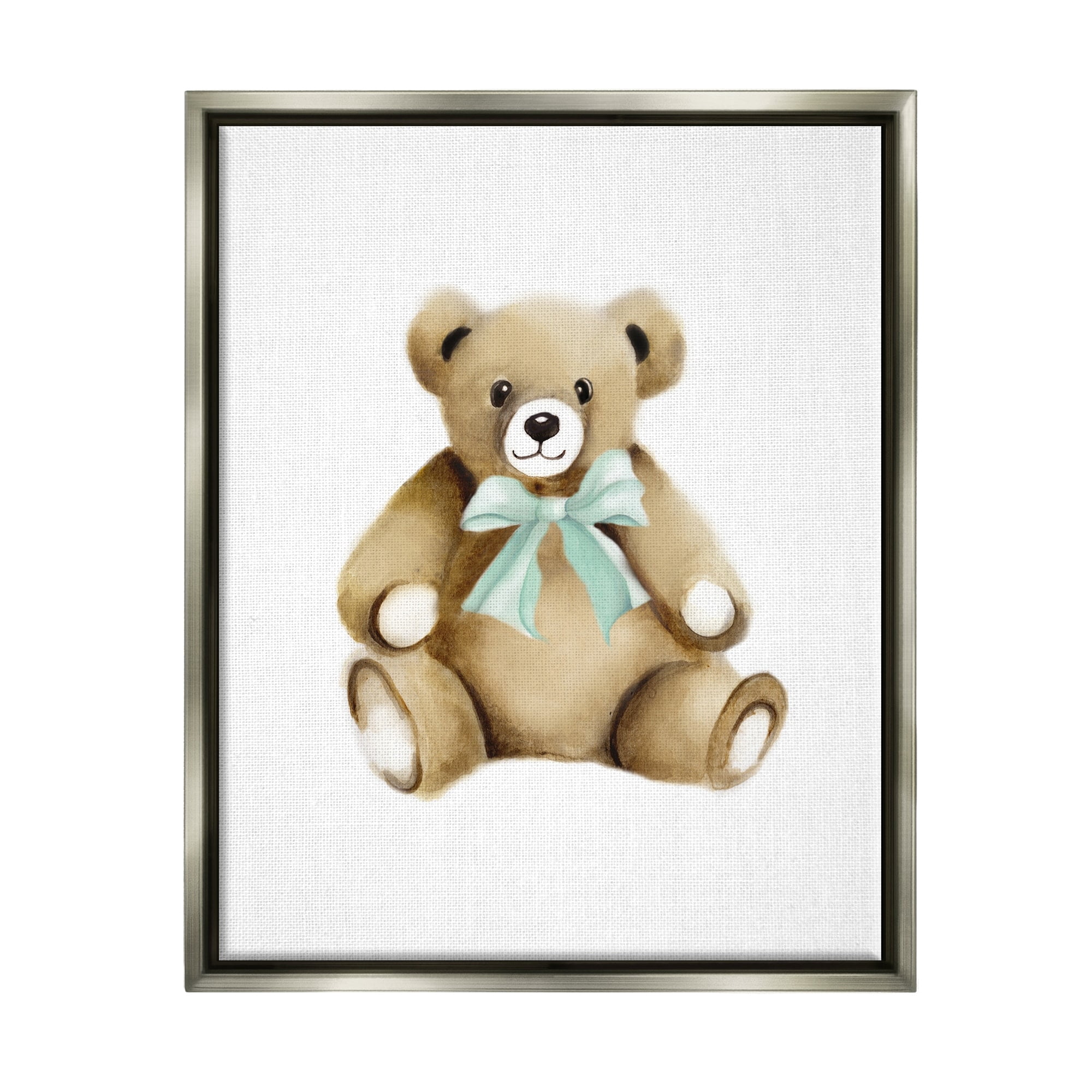 Stupell Industries Smiling Teddy Bear Bow Stuffed Animal Sitting Graphic Art Luster Gray Floating Framed Canvas Print Wall Art, Design by Studio Q