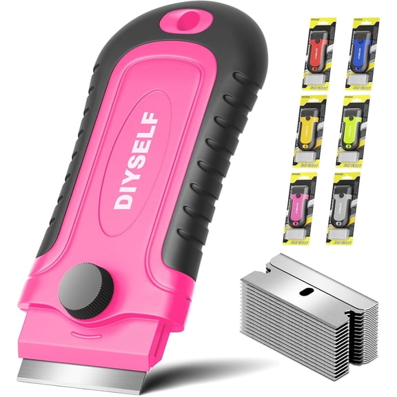 DIYSELF 1 Pack Razor Blade Scraper with 15 Extra Blades, Scraper Tool for Cleaning Window, Paint, Cooktop, Oven, Glass Stove Top Scraper, Razor Scraper with Buit-In Blade Storage (Pink)