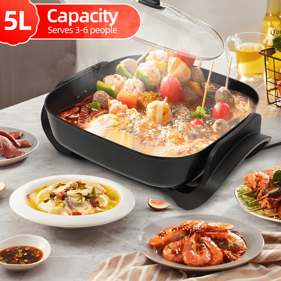 MULISOFT Electric Skillet and Frying Pan with Glass Lid, Hot Pot Electric 5.3Qt, Square  Ceramic Nonstick, 1500W Electric Hot Pot with Adjustable Temperature Removable Heating Probe