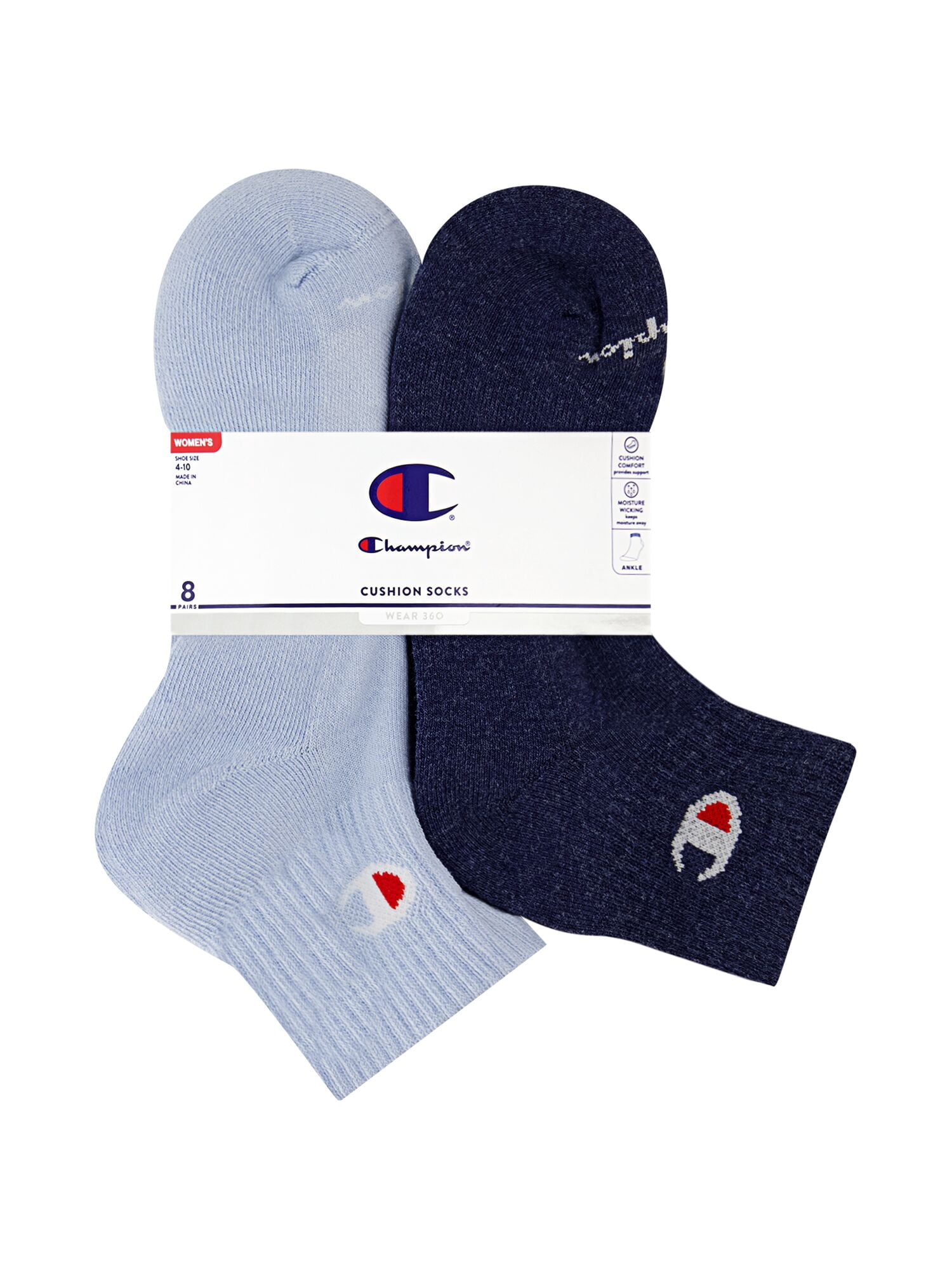 Champion Women’s Wear 360 Cushioned Ankle Socks, 8 Pack, Sizes 4-10