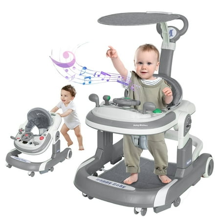 HAOUUCYIN 5-in-1 Baby Walker with Foot Pads/Handles for Girls Boys Gray