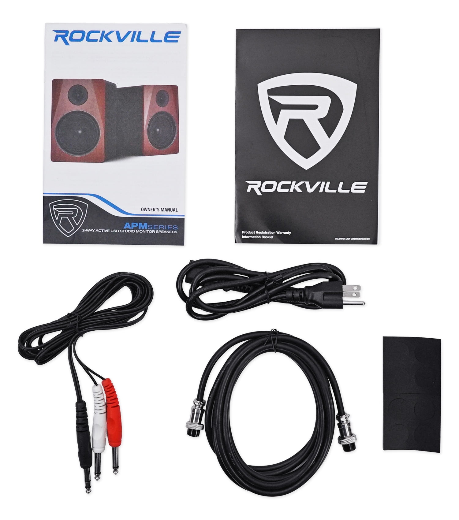 Rockville APM6B Bundle: 6.5" 2-Way 350-Watt Powered USB Studio Monitors, RVSM1 Pair of Monitor Stands, RRS190S Foam Isolation Pads, RCM PRO Studio/Recording Condenser Microphone, 4-items