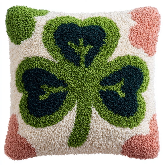 Crochet Hook Cushion Cover Latch Hook Embroidery Kit Green four-leaf clover Diy Decorative Pillow Kit 17x17inch