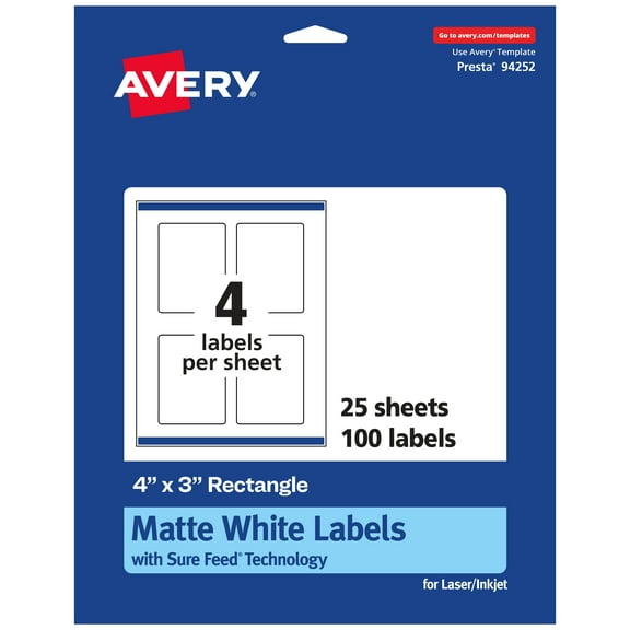 Avery Matte White Rectangle Labels, 4" x 3", 100 Labels