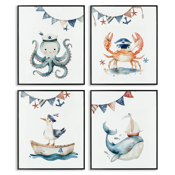 Stupell Industries Maritime Sailor Animals Nautical & Beach Painting Black Framed Art Print Wall Art, 11 x 14, Set of 4