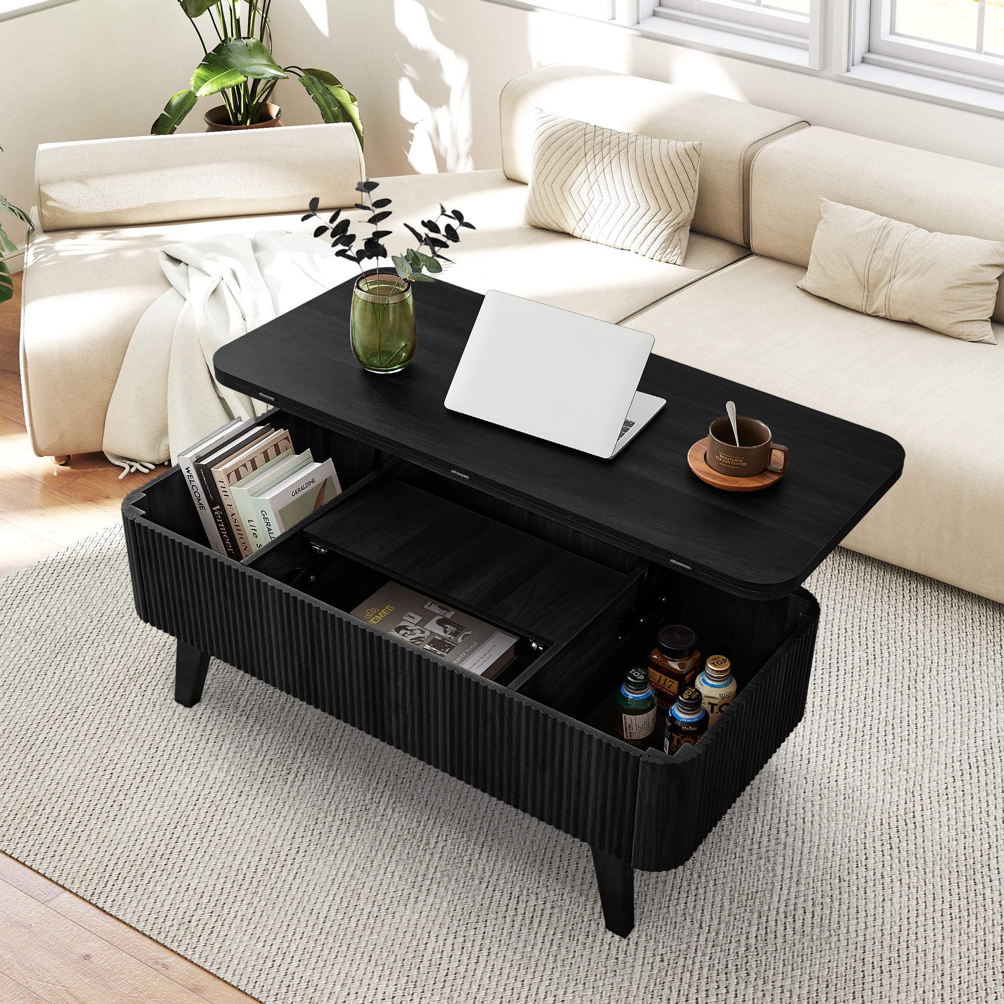 Wirrytor 3 in 1 Lift Top Coffee Table with Storage, Black Folding Desk for Small Spaces, Modern Center Table with Hidden Compartments for Living Room