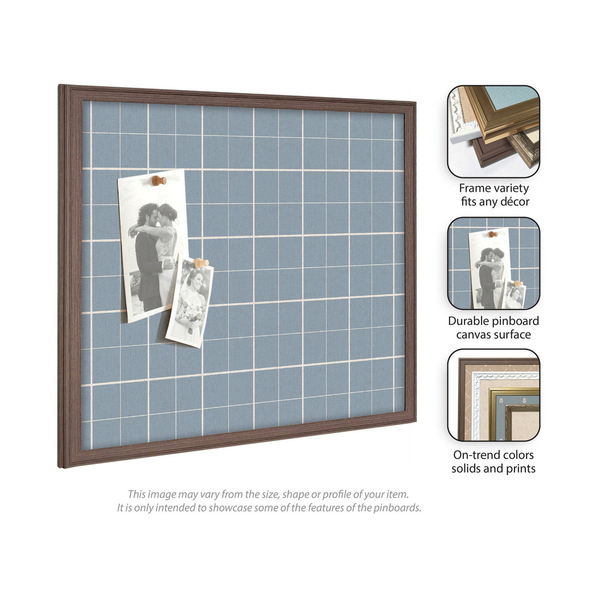 Kate and Laurel Framed Fabric Pinboard 26 x 20, Light Blue Plaid Printed Linen Classic Bulletin Board for Use as a Vision Board or Wall Organization, Florence Medium Brown Frame