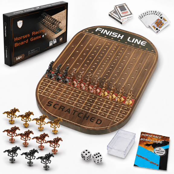 Grhonior Horse Race Board Game Rustic Brown Solid Wood with 11 Metal Horses, 2 Dice and 2 Card Decks, 16.1" x 10.8" x 0.6"
