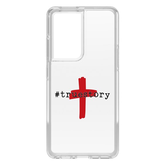 DistinctInk Clear Shockproof Hybrid Case for Galaxy S21 ULTRA 5G (6.8" Screen) - TPU Bumper Acrylic Back Tempered Glass Screen Protector - #truestory - Cross - Christian - Red