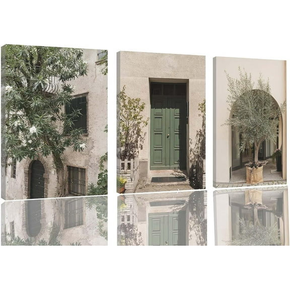ZNN&ZNC Italy Wall Art Set of 3 Vintage Italian Olive Green Landscape Poster Kitchen Canvas Prints French Country Picture Painting Living Room Bedroom Decor(Only canvas)