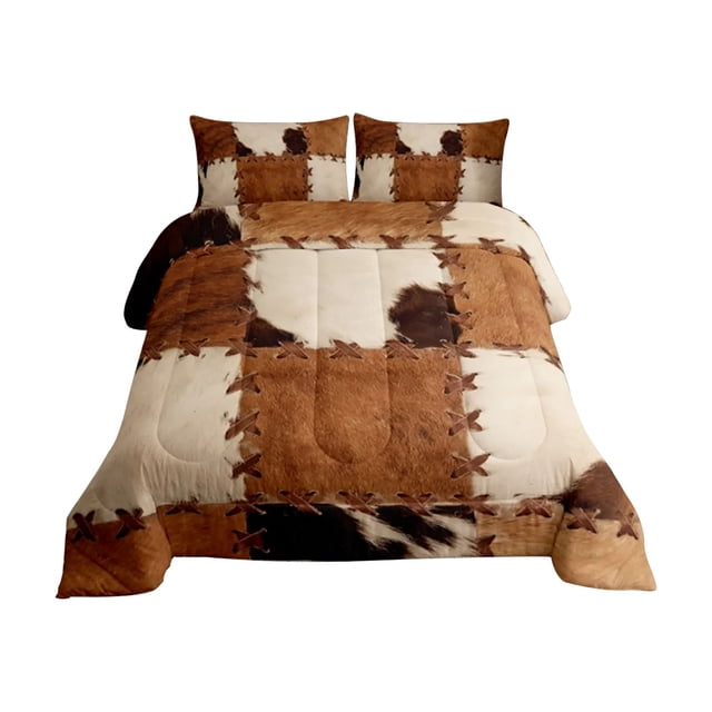 BINGLI Cow Print Patchwork Comforter Set - Western Farmhouse Bedding - Includes 1 Comforter & 2 Pillow Cases - Animal Print Decor