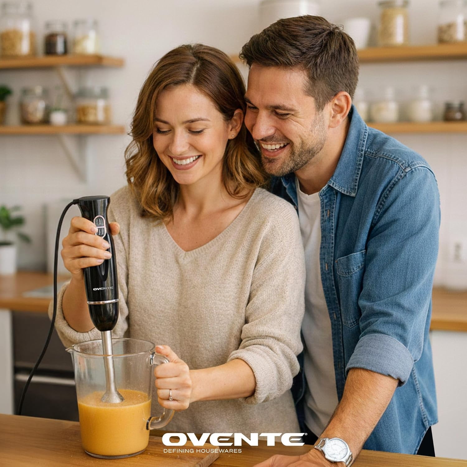 OVENTE Immersion Electric Hand Blender 300 Watt Power 2 Mix Speed with Stainless Steel Blades, Handheld Stick Mixer Set with Egg Whisk Attachment Mixing Beaker and BPA-Free Food Chopper, Black HS565B