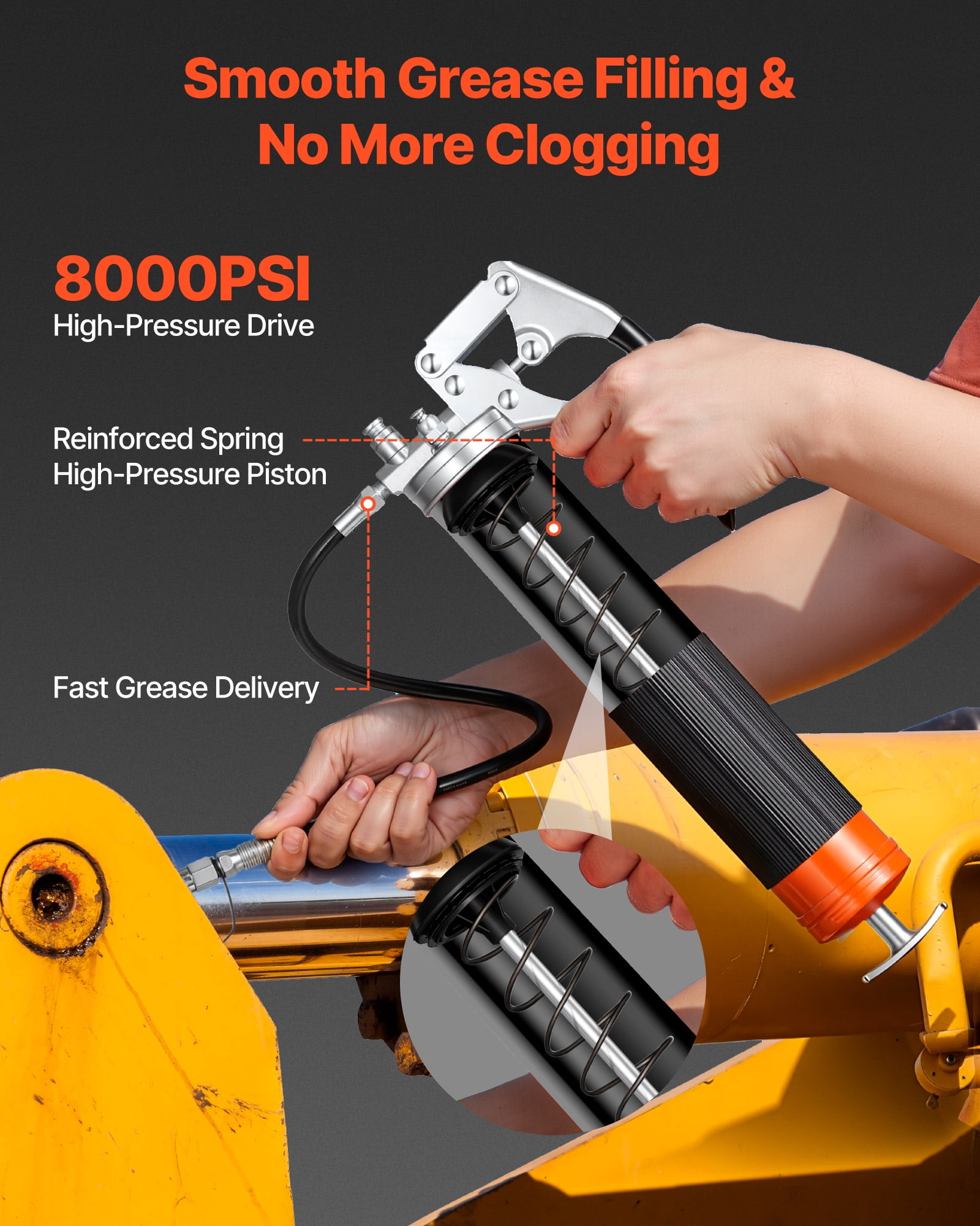 VEVOR Grease Gun, 8000 PSI, Pistol Grip Grease Gun Kit with 14 oz Capacity, Includes 18-Inch Flex Hose, Double Handle Grease Coupler, Extension Rigid Pipe & Sharp Type Nozzle for Automotive, Marine
