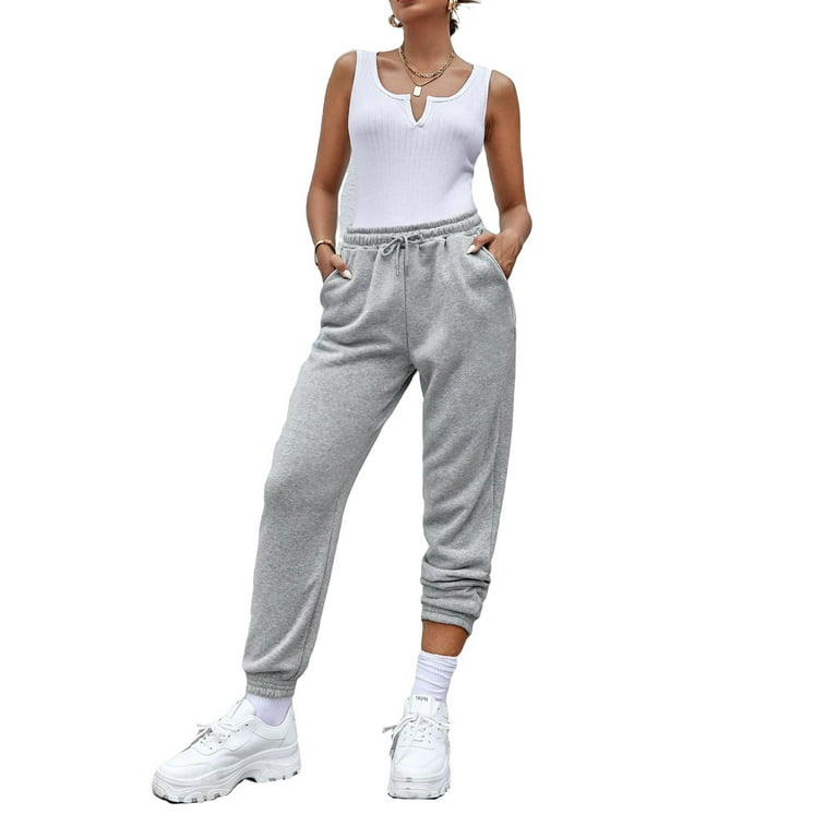 Womens Casual Pants Drawstring Waist Solid Sweatpants Light Grey XS