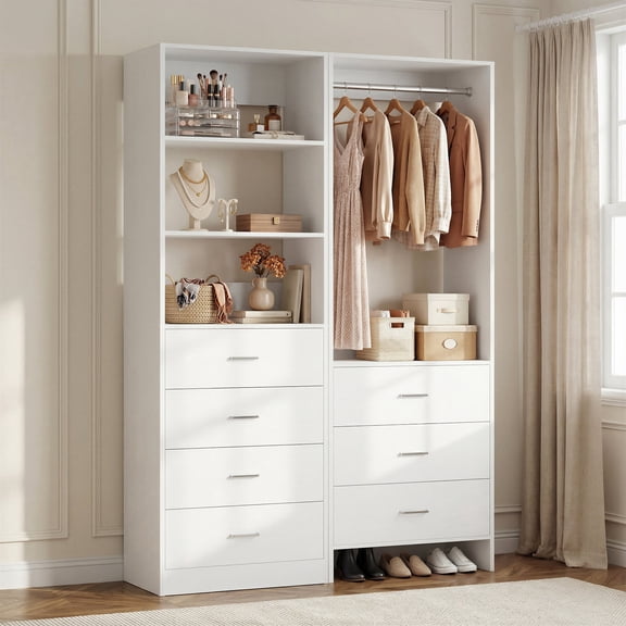 Homieasy 45'' Wide Closet Organizer System Set of 2, Walk-in Closet Storage System with 7 Drawers, Hanging Rod and Adjustable Shelf, White