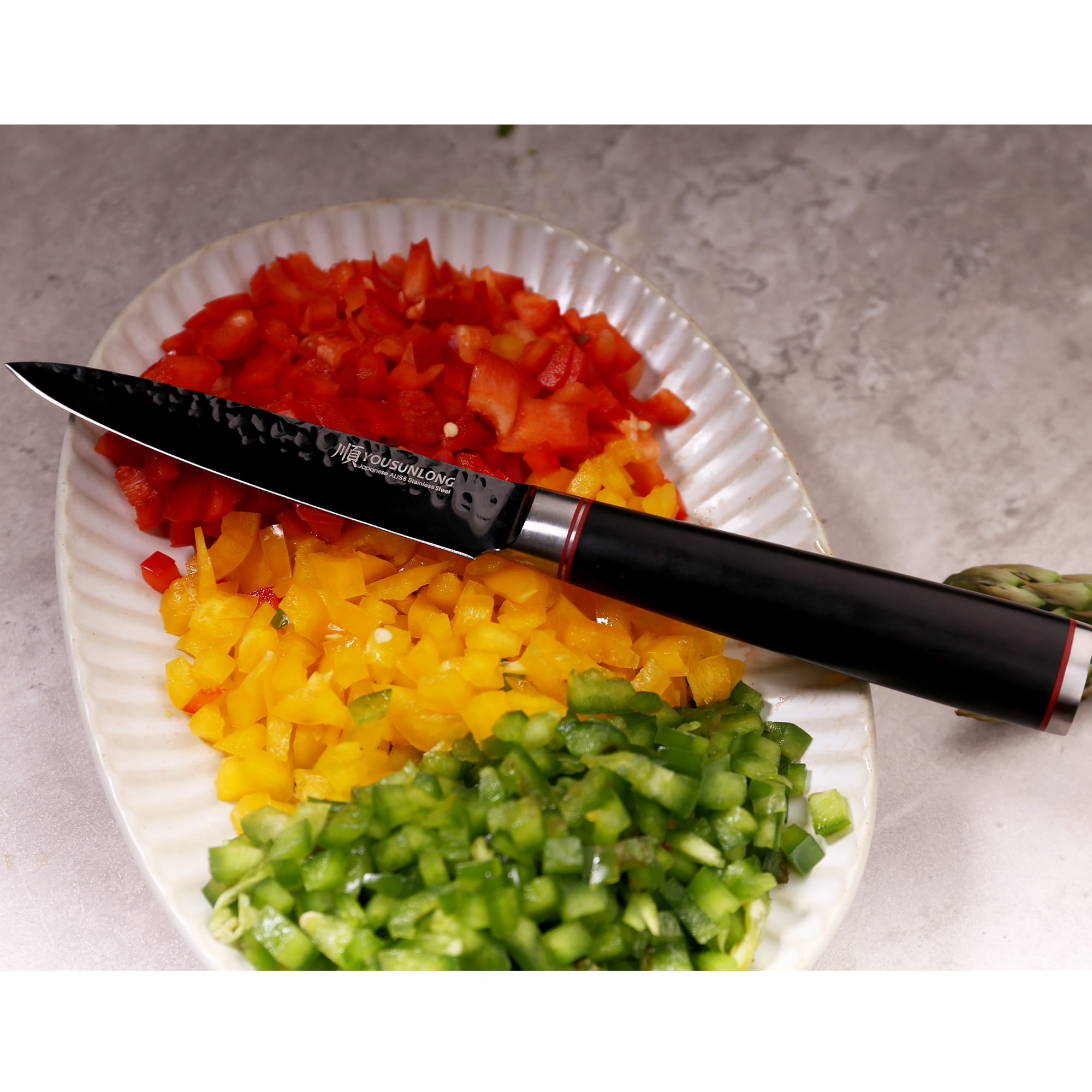 YOUSUNLONG Utility Knife 5 inch, Multi-Purpose Kitchen Paring Knife Hammered Japanese AUS8 Steel Blade with Leadwood Handle