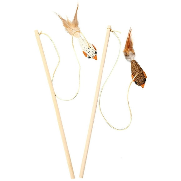 2PCS Cat Teaser Wand Wooden Rod Mouse Bird Cat Teaser Toy Cat Interactive Toy