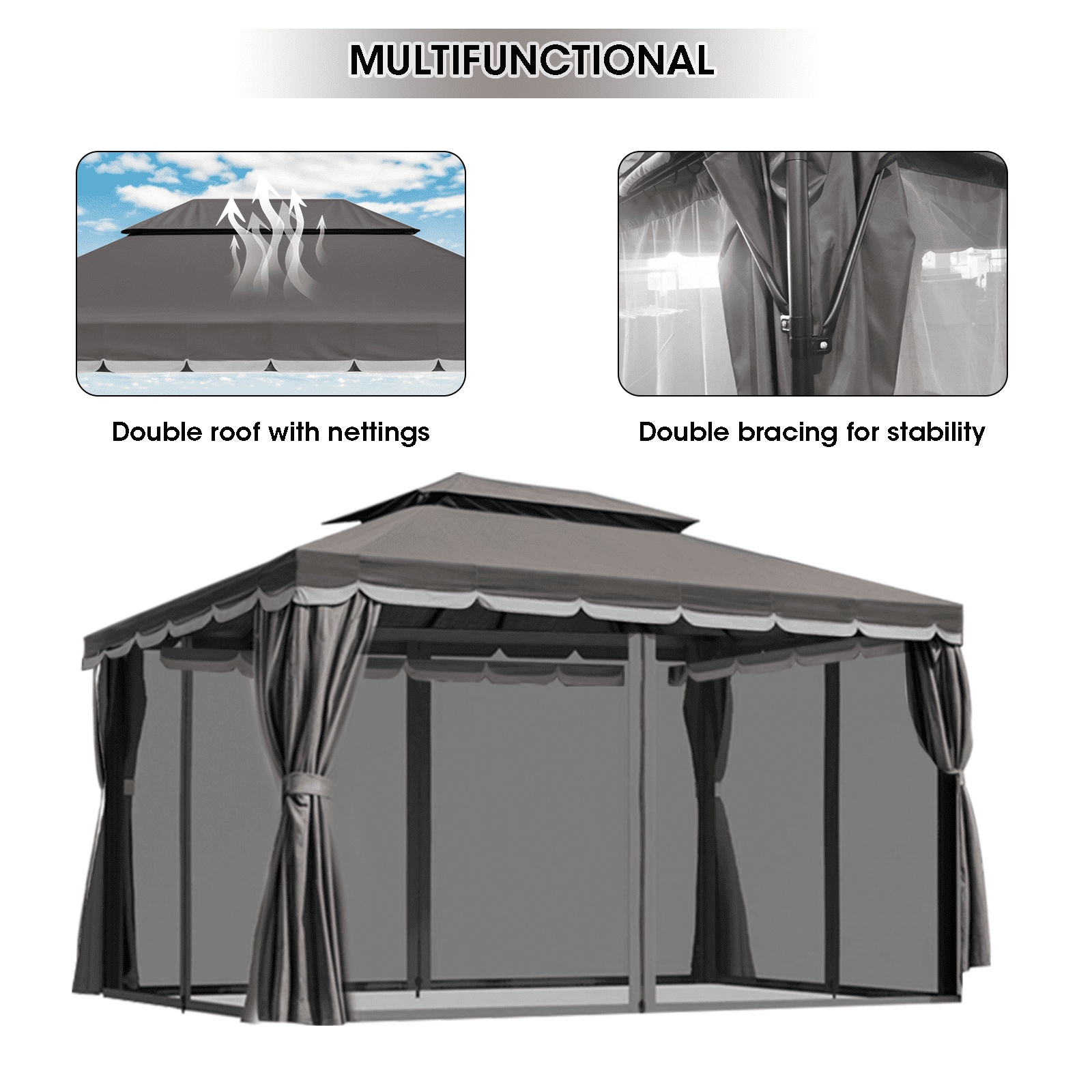 Gaptain 10×12 FT Deluxe No Screws Gazebo,Double Roof Outdoor Shelter Tent with Mosquito Nettings and Privacy Screens