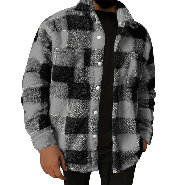 Yuyuzo Fleece Jacket for Men Sherpa Fuzzy Plaid Color Block Winter Coats Button down Collared Long Sleeve Shackets