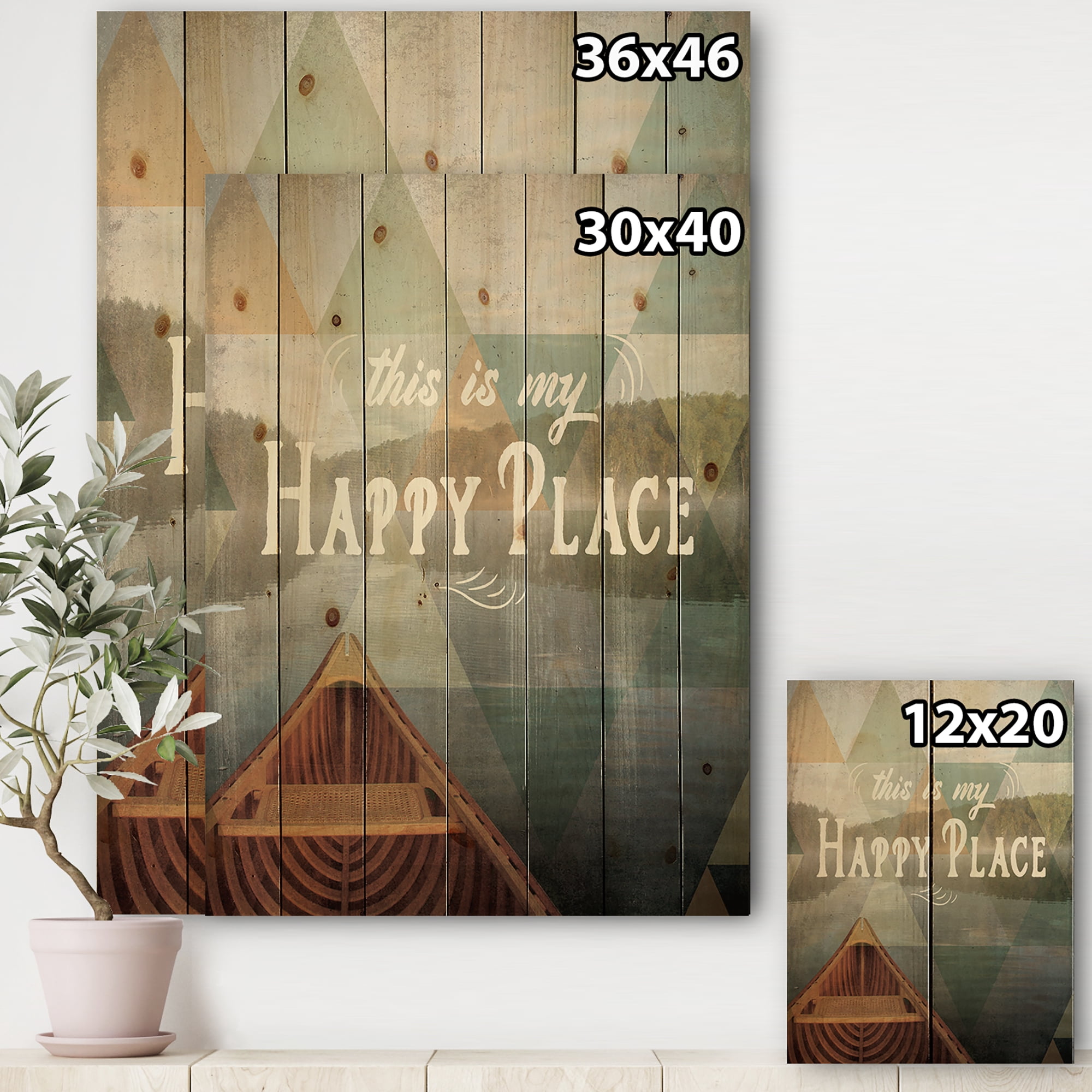 Designart 'Happy Quote Lake House' Cottage Print on Natural Pine Wood