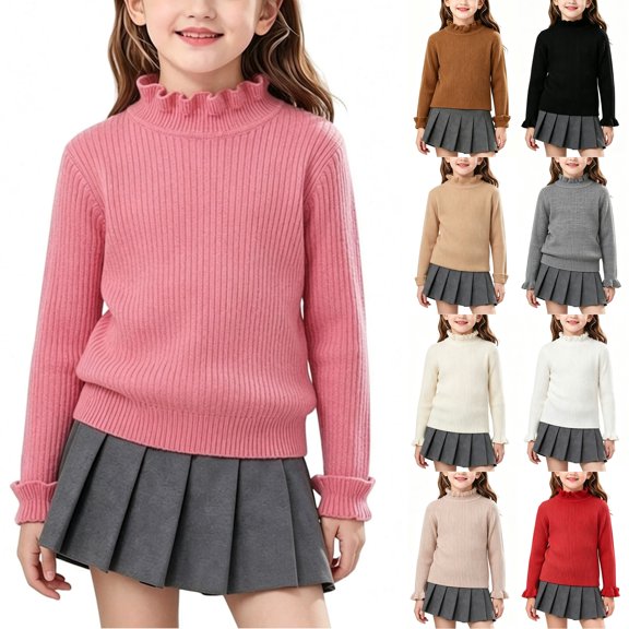 Husipze Ruffle Mock Neck Sweater for Girl Solid Long Sleeve Ribbed Knit Casual Pullover Fall Winter Warm Basic Layering Jumper Tops Hot Pink 7-8 Years