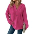 thumbnail image 2 of Kagetolytai Hoodies for Women Waffle Knit Long Sleeve Drawstring Button V Neck Casual Pullover Sweatshirt Hooded Tops Hot Pink XL, 2 of 7