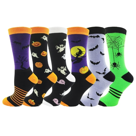 6 Pairs Holiday Socks for Women Girls, Fun Festive Bulk Pack, Colorful Pattern Holiday Novelty Cute (Halloween B)