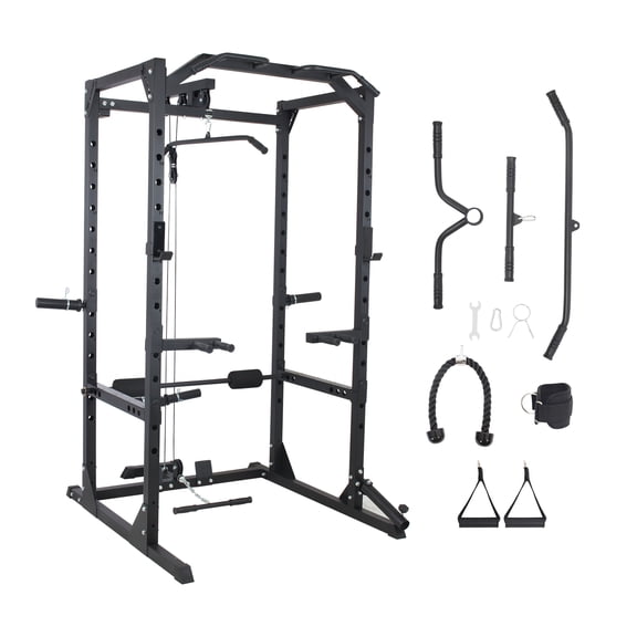 Multi-Functional Power Rack with LAT Pulldown, All-in-One Home Gym Squat Rack Cage with Cable System, Pull Up Bar, Landmine & Full Attachments for Garage Gym Full Body Workout