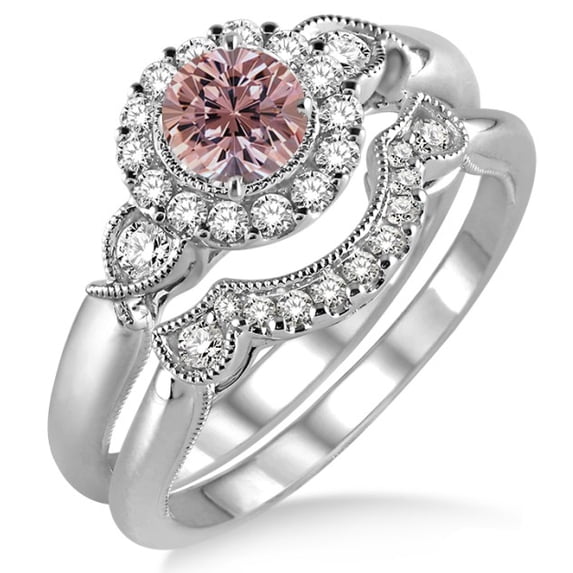 1.25 Carat Morganite & Diamond Antique Three Stone Flower Halo Bridal Set on 10k White Gold